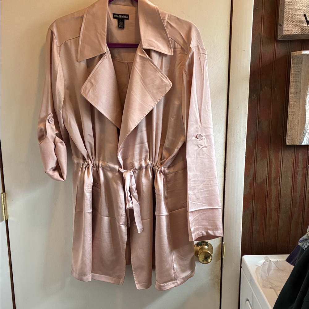 Nina Leonard Dusty Pink Satin-Feel Drawstring Trench Jacket